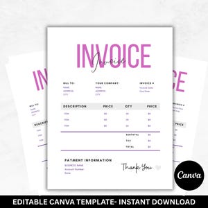 Pode incluir: Várias faturas brancas com o cabeçalho "INVOICE" em roxo. O modelo de fatura inclui campos para informações de cobrança, descrições de itens, preços e detalhes de pagamento. O logotipo da Canva é visível.
