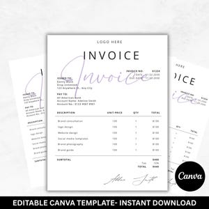 Pode incluir: Um modelo de fatura branco com um sotaque roxo, com a palavra "Invoice" em letra grande. O documento inclui seções para o número da fatura, data e detalhes do cliente. A parte inferior do modelo tem o texto "EDITABLE CANVA TEMPLATE - INSTANT DOWNLOAD".