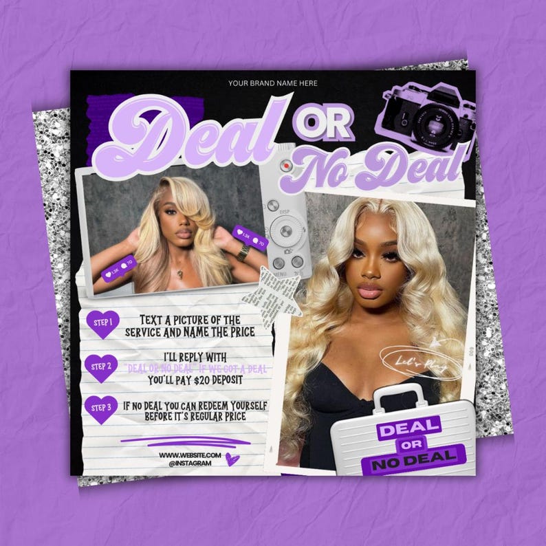 May include: A promotional graphic with the text "Deal or No Deal" in a purple and white design. The image includes two photos of a woman with blonde hair, a camera graphic, and instructions on how to participate. The background is purple.