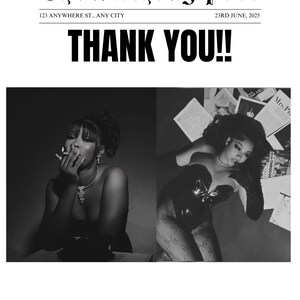 May include: Black and white newspaper-style graphic titled "The Birthday Post" with the text "THANK YOU!!" and the date June 23, 2025. The image features two portraits of a person. The bottom reads "JOIN US IN CELEBRATING ANIYAH'S BIRTHDAY THIS YEAR."