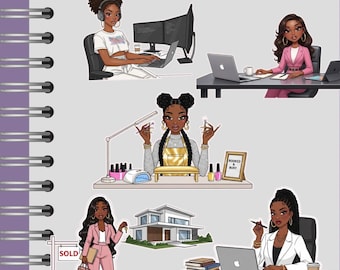 May include: A collection of illustrations depicting Black women in various professional settings. Scenes include a woman working on a laptop with dual monitors, another at a desk with a laptop, a nail technician, a woman holding a "SOLD" sign, and a woman at a desk with a laptop and a "CEO" coffee cup.