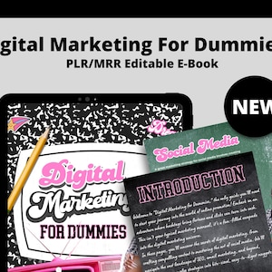 May include: Digital Marketing for Dummies e-book with the text "Digital Marketing For Dummies" in pink and white. The image includes a tablet, a pencil, and a "NEW" sticker. The e-book covers social media and digital marketing strategies.