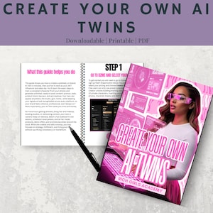 Puede incluir: Un PDF descargable titulado "CREA TUS PROPIOS GEMELOS DE IA" con un diseño rosa y blanco. La portada presenta a una mujer con gafas futuristas. La guía promete ayudar a los usuarios a crear una imagen de marca consistente y generar contenido.