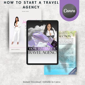 May include: A digital marketing graphic with the text "HOW TO START A TRAVEL AGENCY" on a tablet, with a woman and a purple airplane graphic. Additional documents and a Canva logo are also visible.