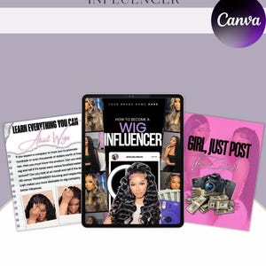 May include: Digital marketing materials with the text "How to Become a Wig Influencer" and "Girl, Just Post the Content!" on a tablet and pink booklet. The Canva logo is visible. The phrase "Instant Download" is at the bottom.