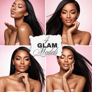 May include: A collage of four images featuring a woman with long, dark hair and glamorous makeup. The text "4 GLAM Models" is in the center. The background is a soft pink.