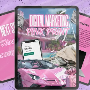 Könnte beinhalten: Tablet mit Grafik 'Digital Marketing Pink Print', rosa Sportwagen, Bargeld und Smartphone mit Verkaufsdaten. Text: 'Next Step Where money' und 'Started'.