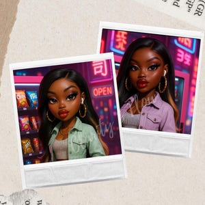 May include: Two digital art prints of a woman with long black hair, gold hoop earrings, and a light green jacket. One print shows a convenience store background with snack packages. The other print shows a neon sign background.