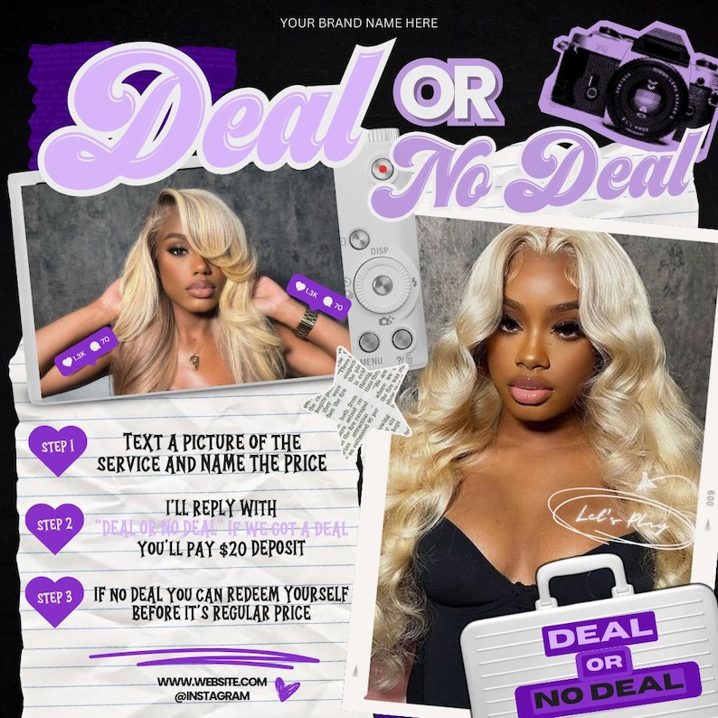 May include: A promotional graphic with the text "Deal or No Deal" in purple. The image features two women with blonde hair, a camera illustration, and instructions for a service. The steps include texting a picture, deposit, and redemption.