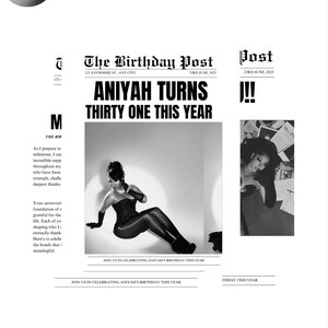May include: A black and white newspaper-style graphic with the headline "ANIYAH TURNS THIRTY ONE THIS YEAR." The image includes a photo of a woman in a corset and a smaller photo of a woman.