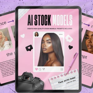 Puede incluir: Una tableta digital muestra "AI STOCK MODELS" y "CREATE HIGH QUALITY STOCK MODELS - PROMPTS INCLUDED." La imagen presenta un retrato de mujer en un marco de Instagram, una cámara y un bloc de notas con "TAKE NOTES BABE!"