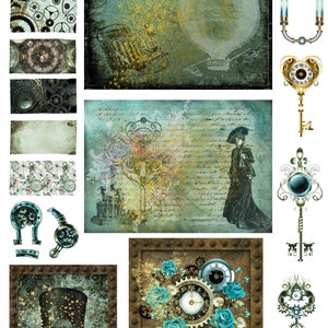 May include: A selection of steampunk-style digital artworks. The images showcase gears, keys, clocks, a hot air balloon, and a top hat, all with a vintage, aged appearance. The colour palette includes teal, gold, and brown, with a textured, grunge-like background.