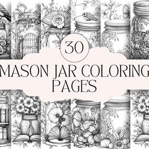 May include: A collection of 30 mason jar coloring pages. Each jar is intricately illustrated with floral and nature-themed designs, including birds, butterflies, and books. The text "MASON JAR COLORING PAGES" is displayed below the jars.