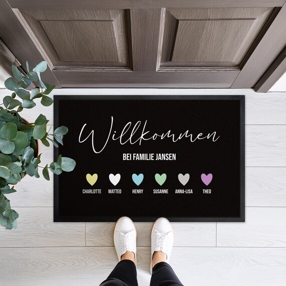 Personalisierte Familien Fußmatte "Herzchen" selbst gestalten mit Namen | Geschenkidee | Indoor Türmatte | Made in Germany