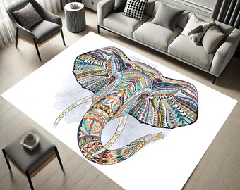Elephant Rug: Colorful Printed Animal Design, Modern Home Decor
