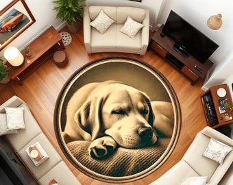 Sleeping Labrador Round Rug: Non-Slip Dog Print Area Rug