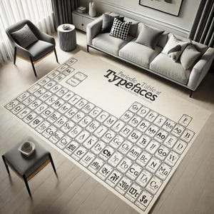 Può includere: Un tappeto bianco con una tavola periodica di caratteri tipografici in bianco e nero stampata su di esso. Il tappeto è steso su un pavimento in legno con un divano grigio e due sedie sullo sfondo.