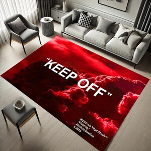 May include: Red and white rug with a cloud design and the text "KEEP OFF" printed in white. The rug also includes the text "IKEA® c/o Virgil Abloh™" and "Flooring" in white.