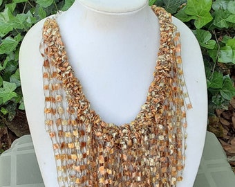 Hand knit Women's 24" adjustable gold trellis fringe necklace/scarf, delicate fiber art design, lightweight, made with fine Italian yarn