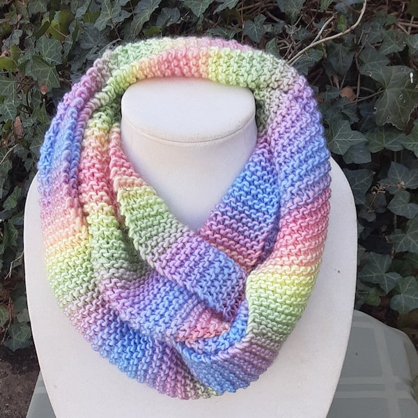 Hand Knit infinity scarf, 50" by 6 1/2", cowl scarf, hand knit womens fall scarf,multicolored scarf, hand knit scarf,multi color loop scarf