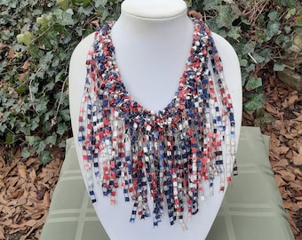 Womens red, white and blue statement Necklace, Hand Knit necklace, Bibb necklace ,Trellis necklace , Ribbon scarf, Jewelry,  Vacation