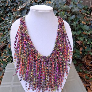 Hand knit women's 24" adjustable multicolor fringe necklace/scarf, delicate fiber art design, lightweight, made with fine Italian yarn