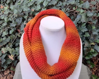 Hand Knit infinity scarf, 50" by 6", Halloween cowl scarf, hand knit women's scarf, multicolored scarf, hand knit orange and gold scarf