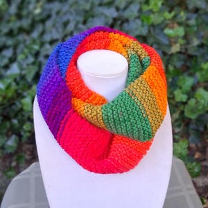 May include: A vibrant, rainbow-colored infinity scarf. The knitted scarf displays a spectrum of colors, including red, orange, yellow, green, blue, and purple. The scarf is displayed on a white mannequin head, with a green leafy background.