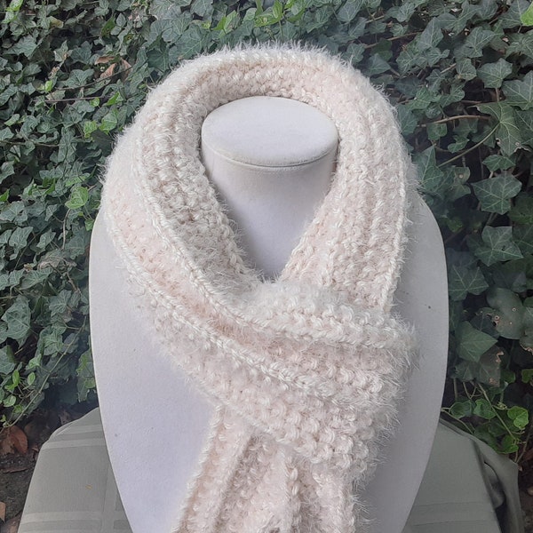 Hand Knit long scarf, 58" long by 6" wide - Soft and warm bulky knit scarf - Women's scarf - Hand knit in the USA. Womens Ivory scarf. gift