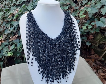 Women's hand knit 24" adjustable black statement  trellis necklace/scarf, delicate fiber art design,lightweight, made from fine Italian yarn