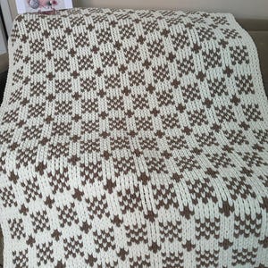 May include: A cream and brown knitted blanket with a repeating geometric pattern. The blanket is folded over a surface. A card with the word "Knitly" and floral illustrations is visible.