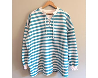 Cheetah Mervyns Vintage Striped Lace Up Sweatshirt Teal White Large Nautical