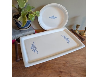 Travessa vintage Corning Ware azul cor de andorinha P-35-B com suporte e forma para torta