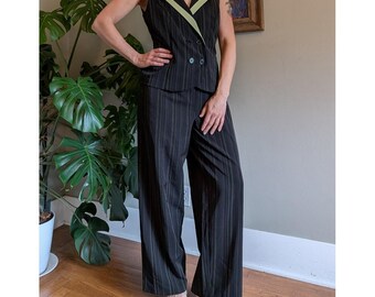 Vintage 90s Y2K Los Angeles Gal Pinstripe Pant Suit Set Vest & Wide Leg 12