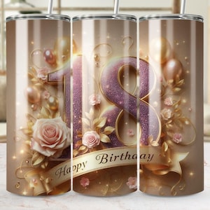 18th Birthday Tumbler Wrap, 20oz Skinny Tumbler PNG, Elegant Floral Tumbler Design, Number Eighteen, Happy Birthday Gift Idea, Digital png