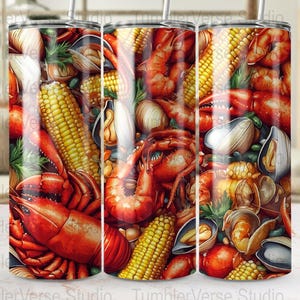 Puede incluir: Un diseño colorido que presenta un primer plano de una langosta, camarones, maíz en la mazorca y mejillones. El diseño es perfecto para un vaso o cualquier otro tipo de vajilla.