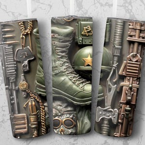 May include: Tumblers with a military theme. The design features a green combat boot, a helmet with a gold star, and various military-style accessories in shades of green, brown, and gold. The background is a textured gray.