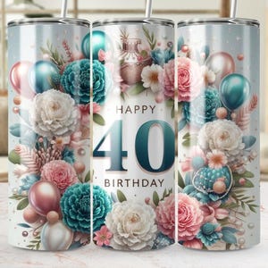Blommigt tumblersjal för 40-årsdag, 20oz smal tumblerdesign, digital nedladdning direkt