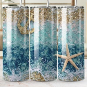 Beach Tumbler Wrap PNG Nautical Anchor & Starfish Design Instant Digital Download PNG