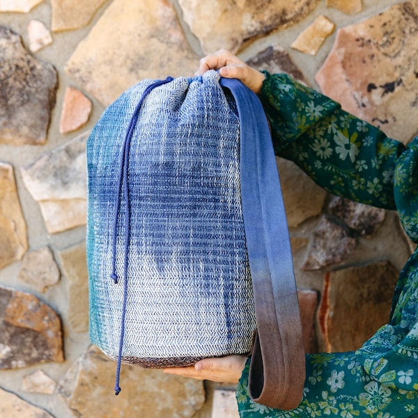 Handwoven, Hand-dyed, Twill Crossbody Duffel Bag in Shades of Blue, Teal, and Brown