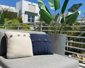 Slate Blue Cable Knit Pillow Cover: Handmade Cotton Cushion