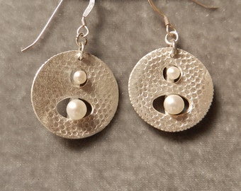 Fine Silver Disc Earrings with Floating Pearls