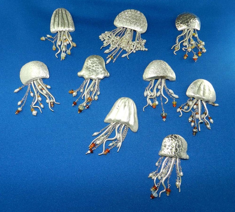 New Jellyfish in Fine Silver with Freshwater Pearls and Fire Opals image 5