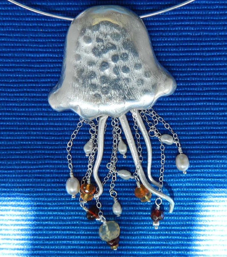 New Jellyfish in Fine Silver with Freshwater Pearls and Fire Opals image 4