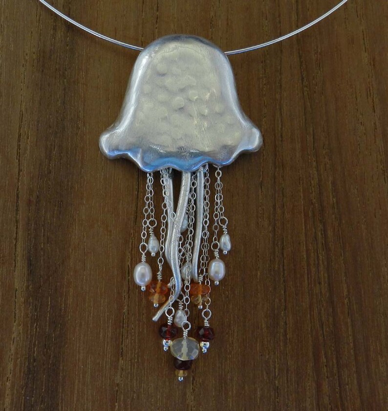 New Jellyfish in Fine Silver with Freshwater Pearls and Fire Opals image 1