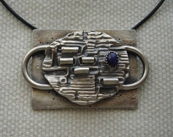 Construction in Fine Silver Pendant with Lapis Cabochon