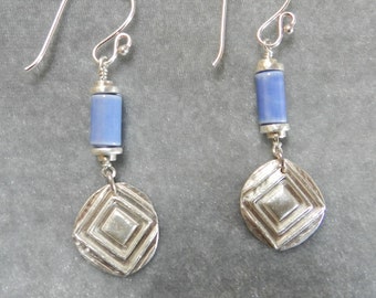 Fine Silver Earrings with Blue Glazed Tube Beads