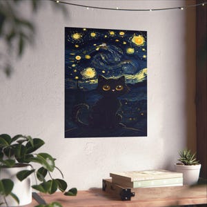 Skurrile Katze Art Print, Matte Vertikale Poster, Dunkle Ästhetische Wohnkultur, Geschenk Katzenliebhaber, Sternenklare Nacht Wandkunst