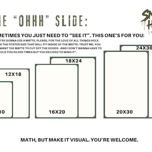 May include: A graphic showing poster sizes: 8x10, 12x18, 16x20, 18x24, 20x30, and 24x36 inches. Text includes "The 'Ohhh' Slide" and advice about using mattes. The Snark Haus logo is in the upper right corner.