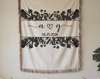 Personalized Wedding Woven Blanket, Custom Couple Initials Throw, Family Name & Wedding Date Gift, Cotton Anniversary Blanket for Couples